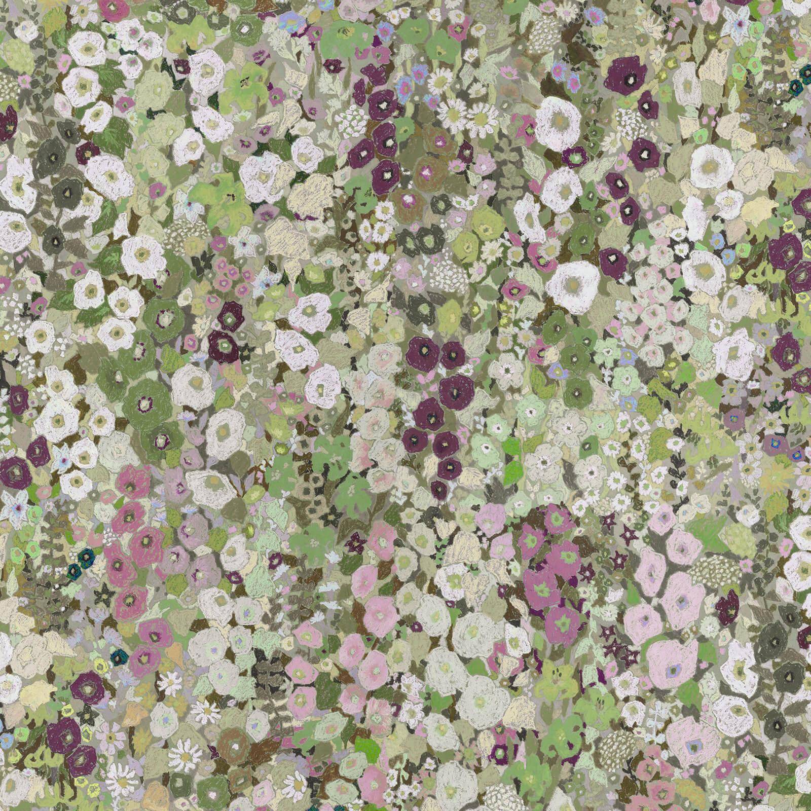 All over floral pattern of small flowers in various colors on a green background