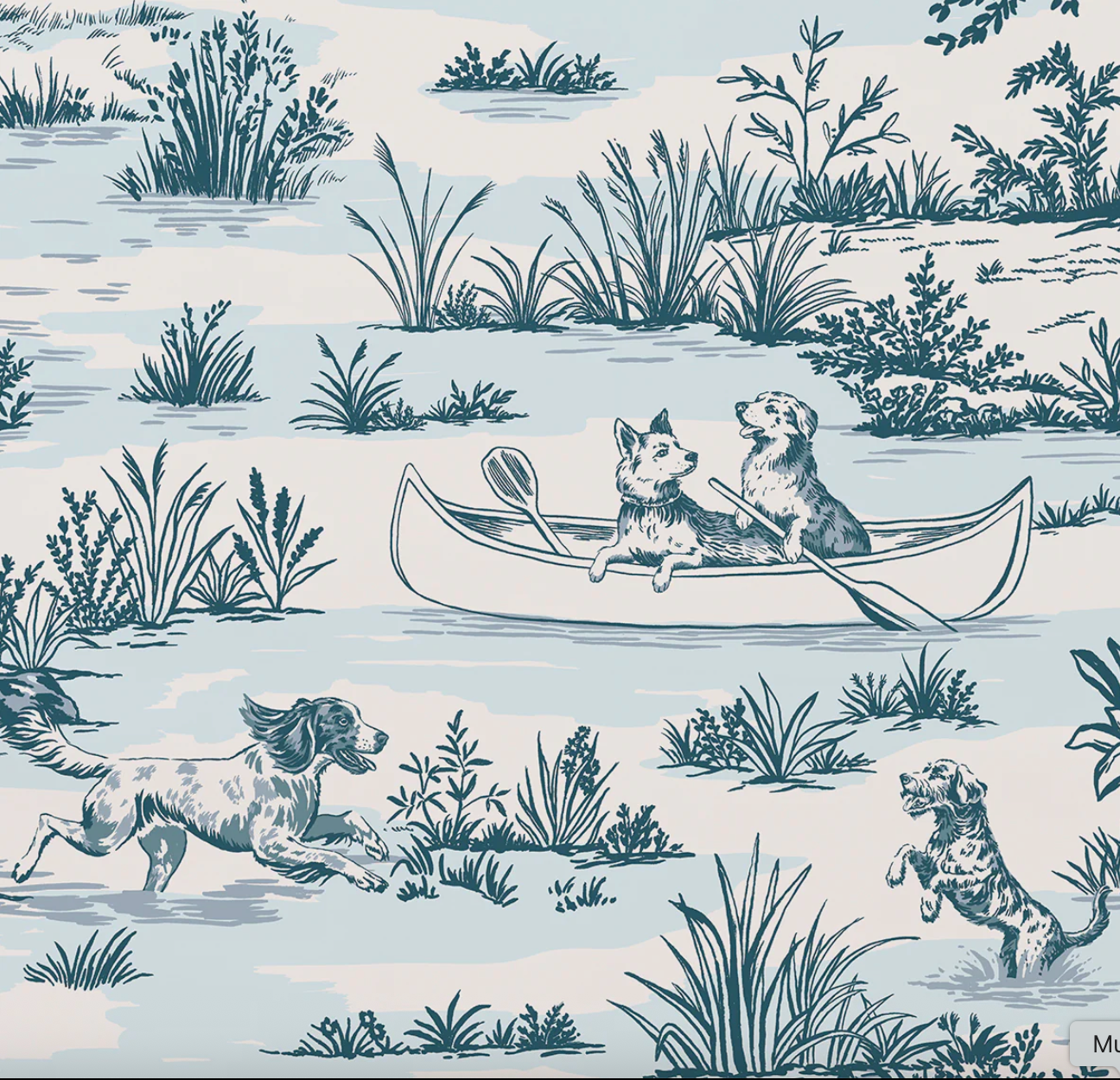Vintage toile wallpaper with dogs in a canoe and nature elements on a light blue background
