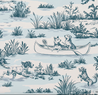 Vintage toile wallpaper with dogs in a canoe and nature elements on a light blue background