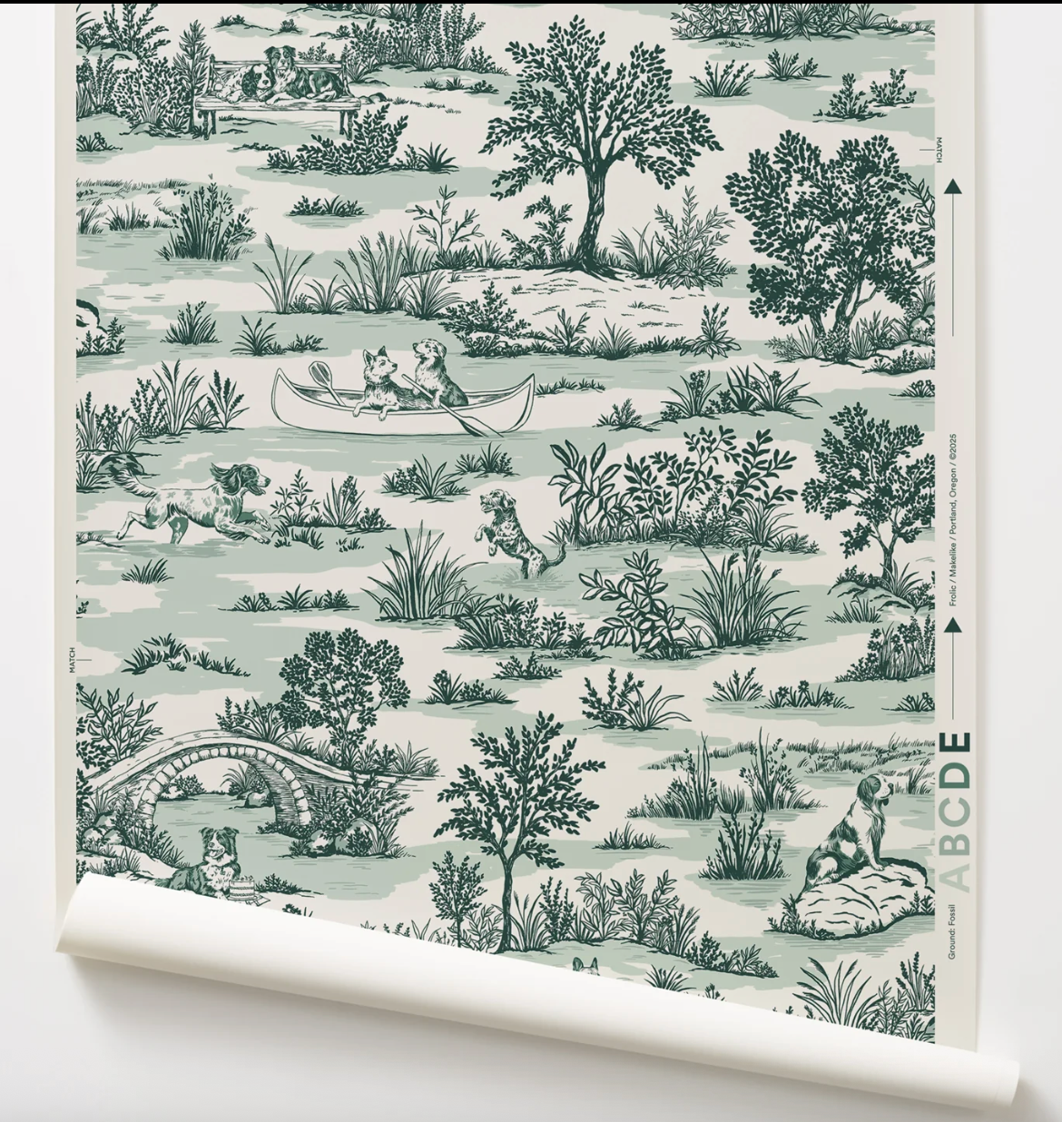 Roll of toile wallpaper with a dog-themed design having fun in canoes and frolicking.