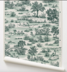 Roll of toile wallpaper with a dog-themed design having fun in canoes and frolicking.