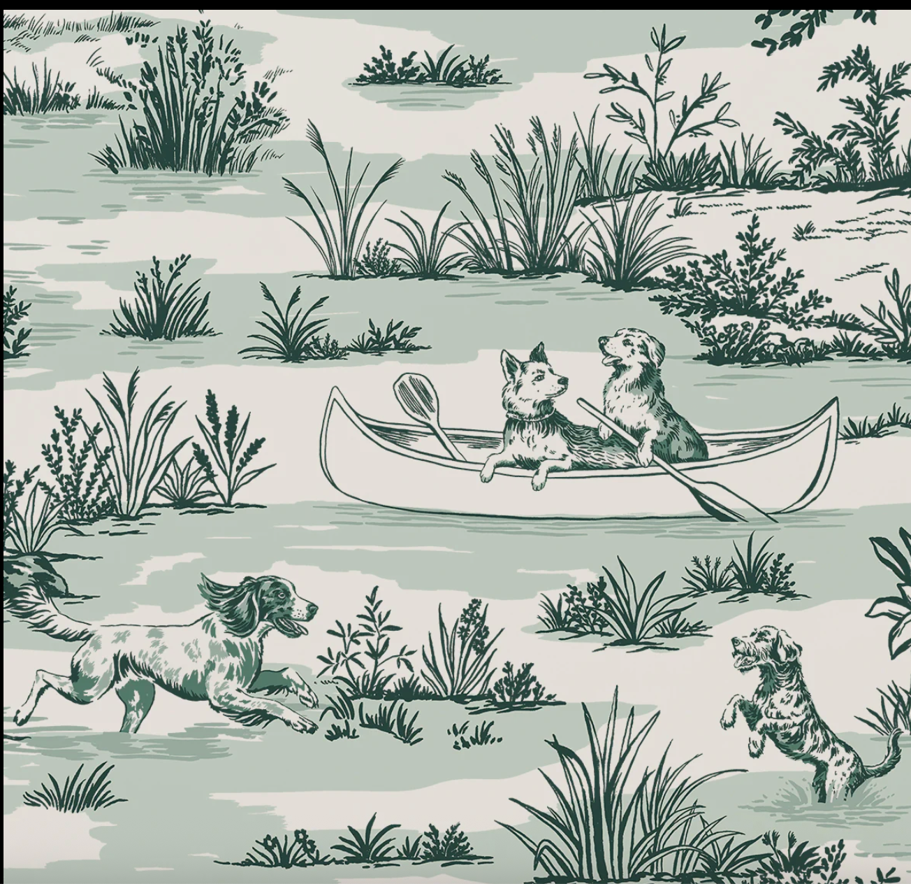 Wallpaper toile pattern of dogs in a canoe on a water landscape with plants.