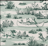Wallpaper toile pattern of dogs in a canoe on a water landscape with plants.