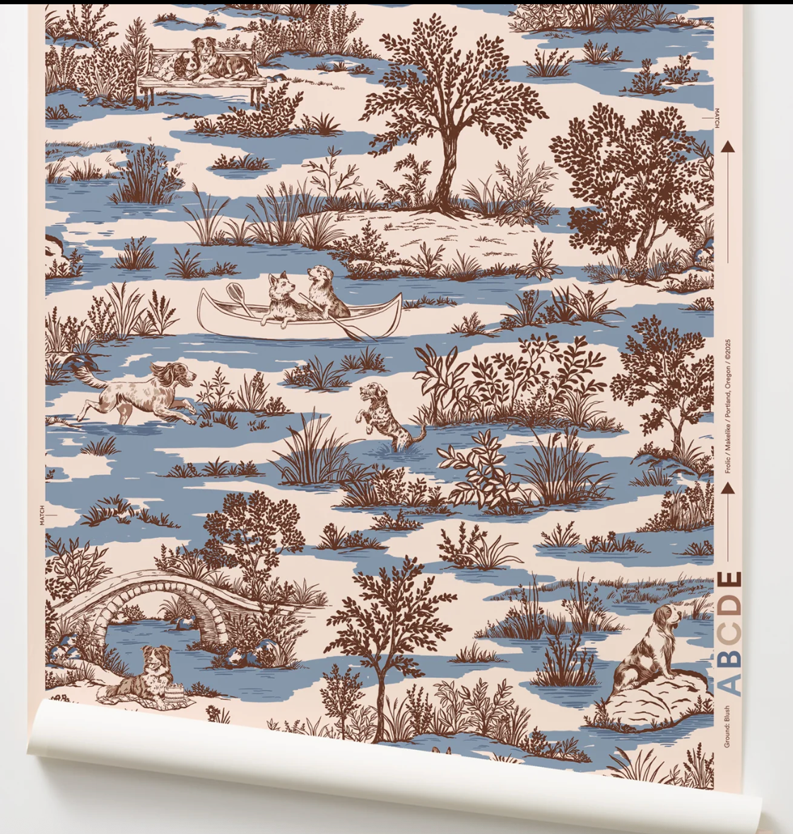 Patterned fabric with nature-themed design featuring animals and landscapes.