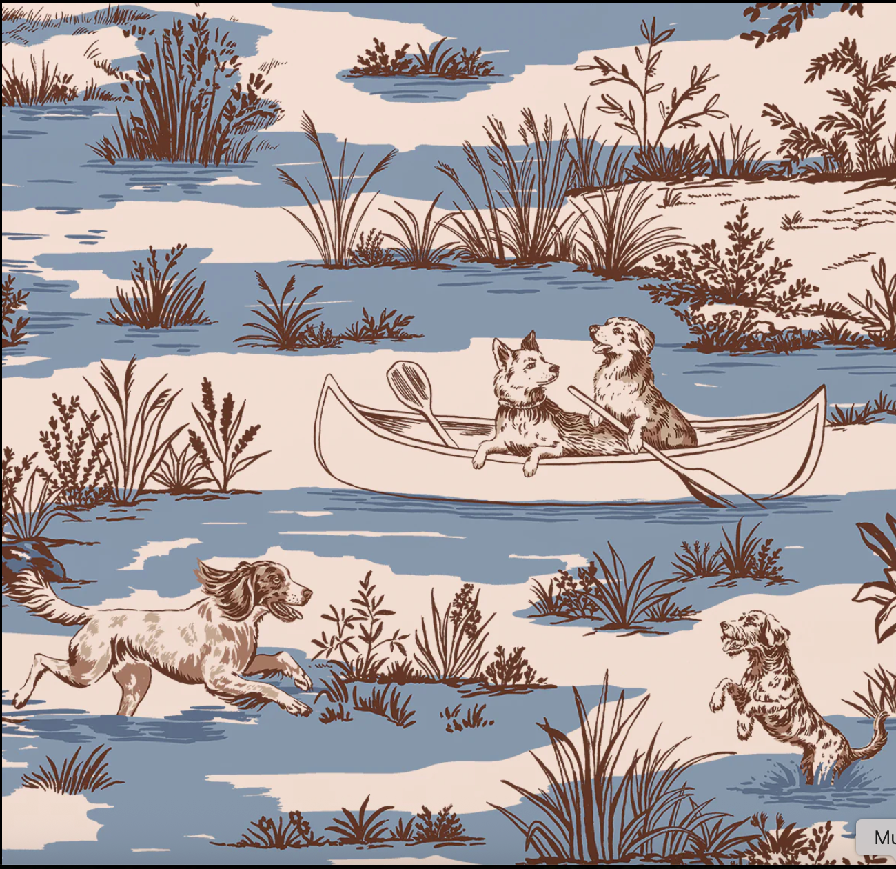 Patterned wallpaper with dogs in a canoe and running in the countryside and canoeing in the marsh.
