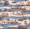 Patterned wallpaper with dogs in a canoe and running in the countryside and canoeing in the marsh.