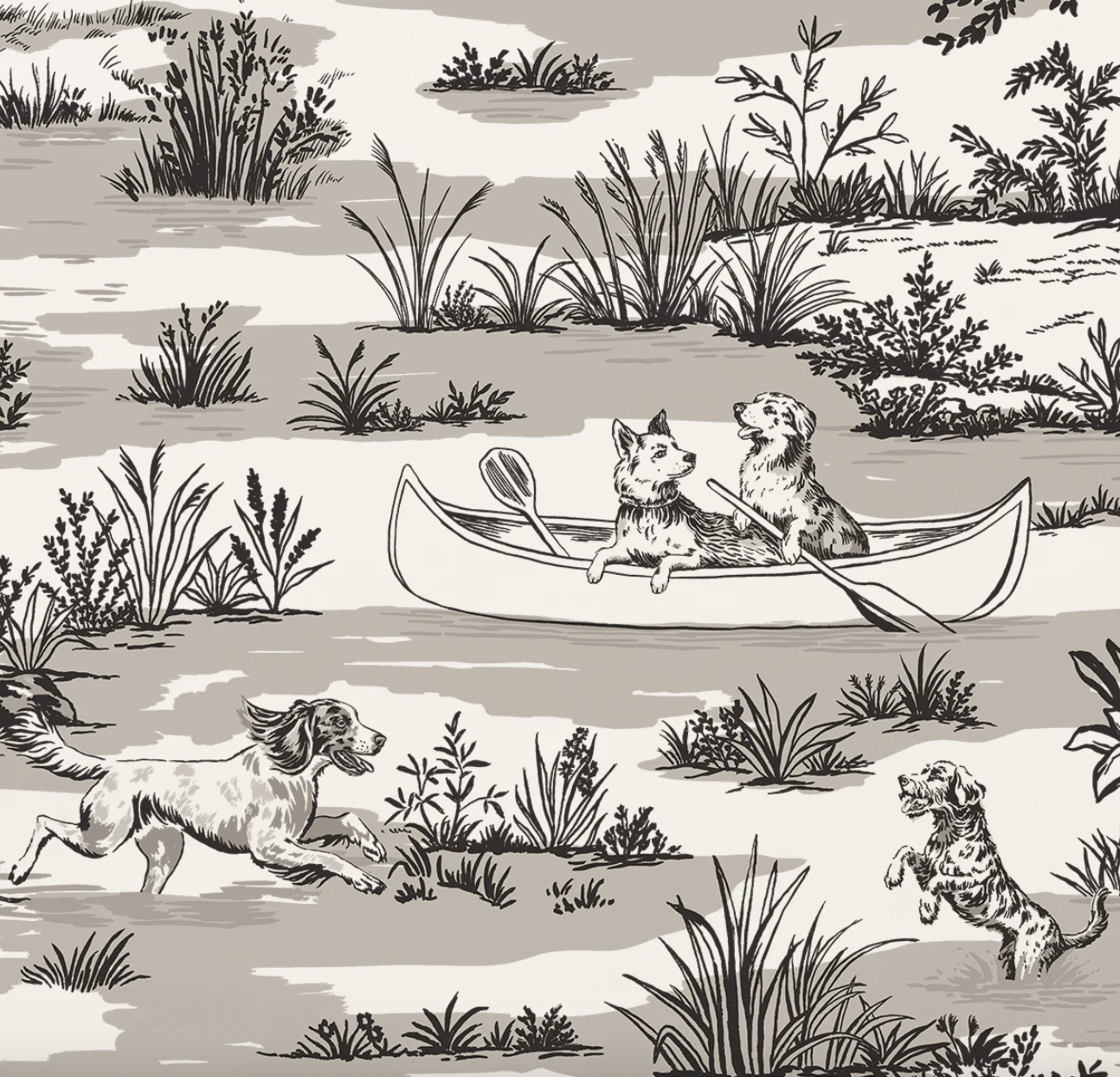Vintage wallpaper toile of dogs in a canoe and running through a marshy area with grasses and water.