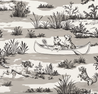 Vintage wallpaper toile of dogs in a canoe and running through a marshy area with grasses and water.