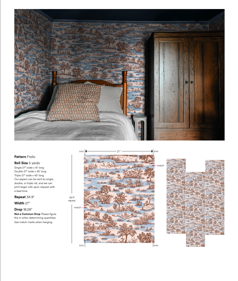 Bedroom installation photo with a vintage dog toile wallpaper.