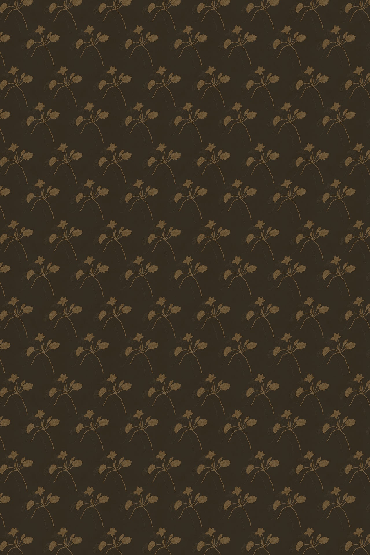 Patterned wallpaper with small floral design on a dark brown background