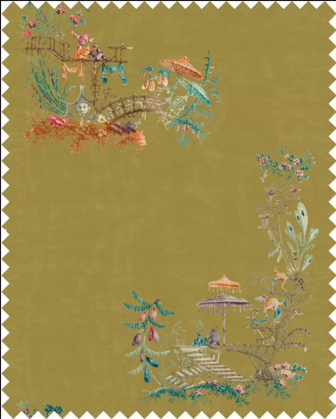 Decorative fabric swatch with intricate embroidery on a green background