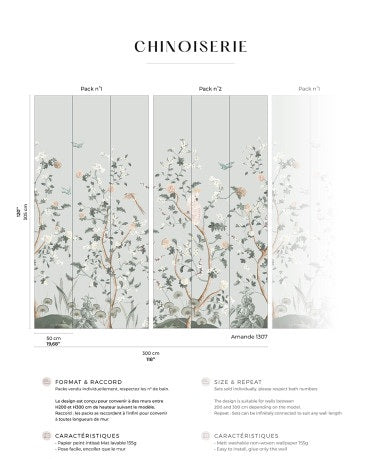 Chinoiserie design with floral and bird patterns on a white background